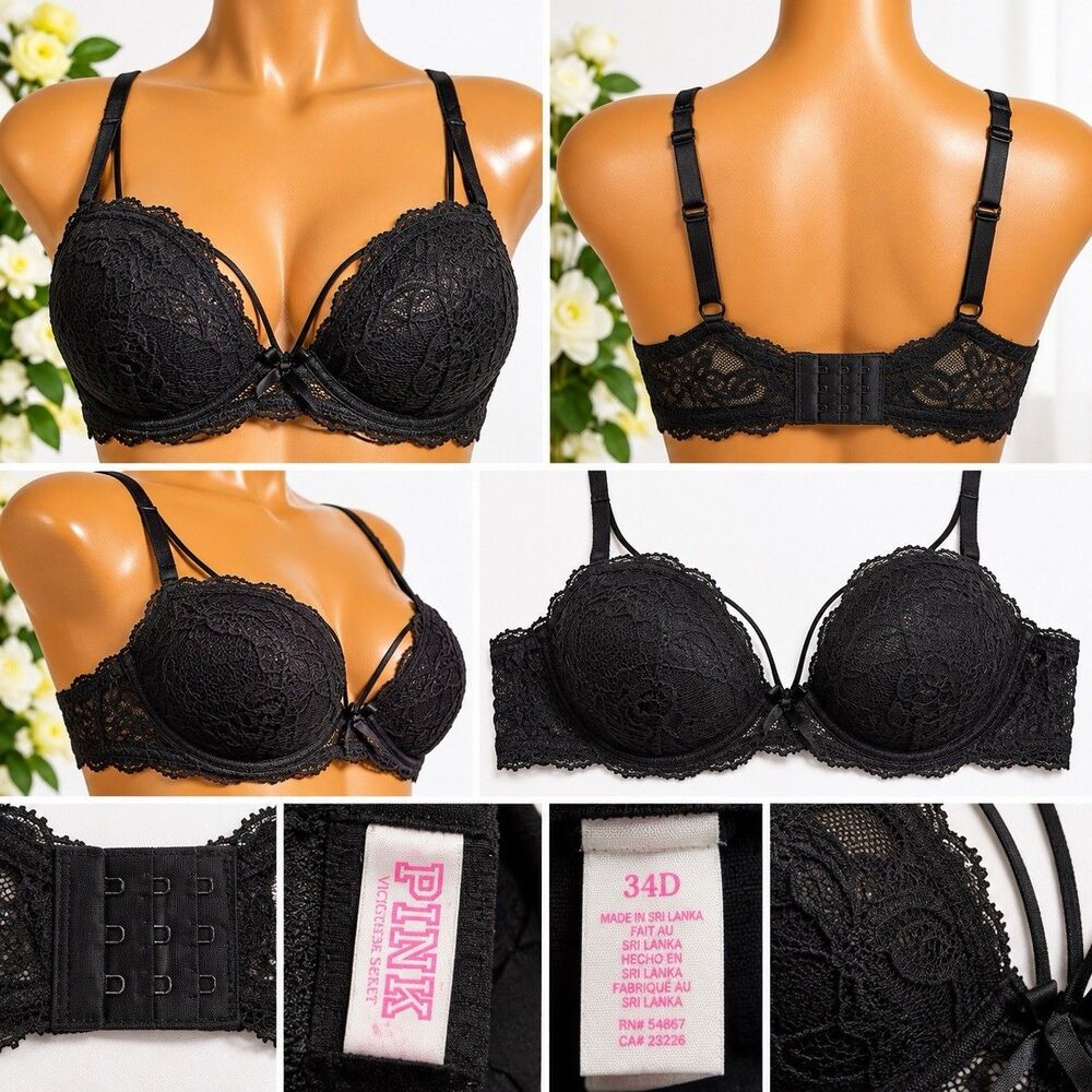 Victoria's Secret PINK Women Bra 34D Black Lace Push up Underwire Stappy